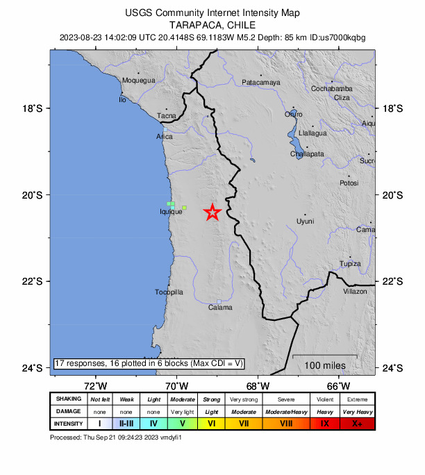 USGS DYFI community-reported intensity map for the M5.2 earthquake near 57 km E of La Tirana, Chile