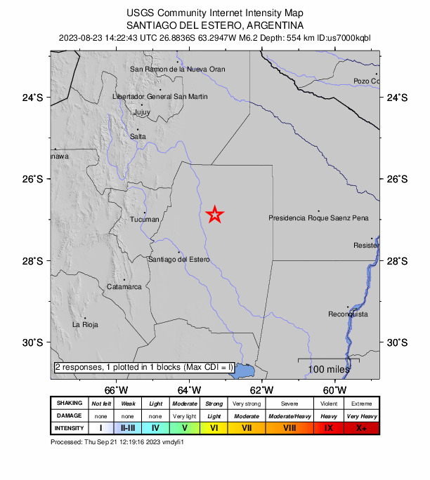 USGS DYFI community-reported intensity map for the M6.2 earthquake near 17 km NNW of El Hoyo, Argentina