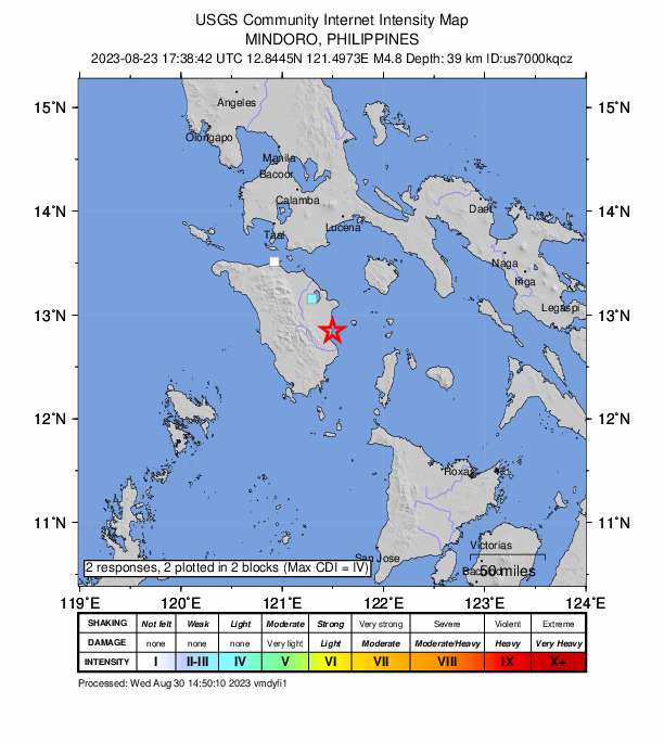 USGS DYFI community-reported intensity map for the M4.9 earthquake near 3 km E of Bansud, Philippines