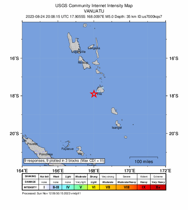 USGS DYFI community-reported intensity map for the M5.0 earthquake near 37 km WSW of Port-Vila, Vanuatu