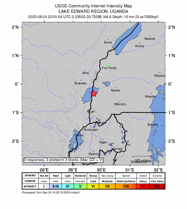USGS DYFI community-reported intensity map for the M4.6 earthquake near 60 km NNW of Rukungiri, Uganda