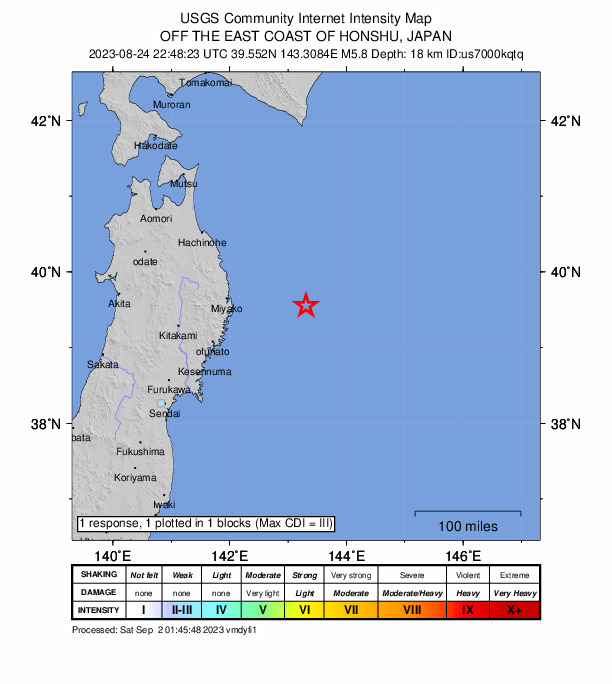 USGS DYFI community-reported intensity map for the M5.8 earthquake near 116 km E of Yamada, Japan