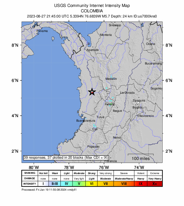 USGS DYFI community-reported intensity map for the M5.7 earthquake near 5 km E of El Cantón de San Pablo, Colombia