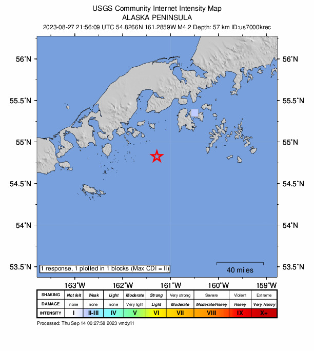 USGS DYFI community-reported intensity map for the M4.2 earthquake near 71 km ESE of King Cove, Alaska