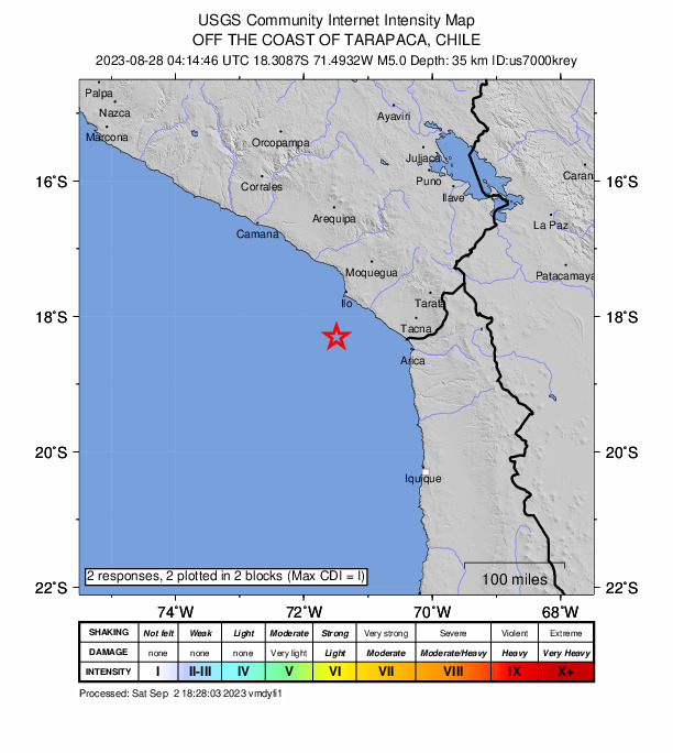 USGS DYFI community-reported intensity map for the M4.9 earthquake near 75 km SSW of Pacocha, Peru