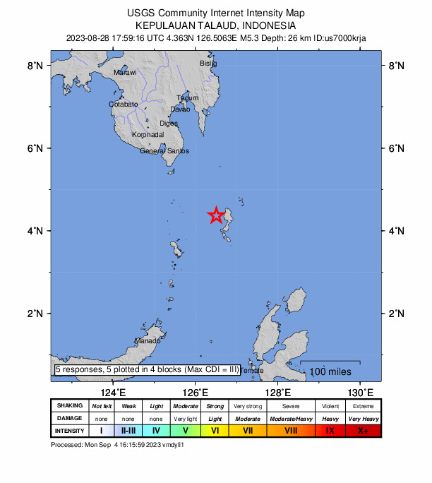 USGS DYFI community-reported intensity map for the M5.3 earthquake near Pulau-Pulau Talaud, Indonesia