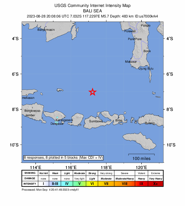 USGS DYFI community-reported intensity map for the M5.7 earthquake near 156 km N of Pototano, Indonesia