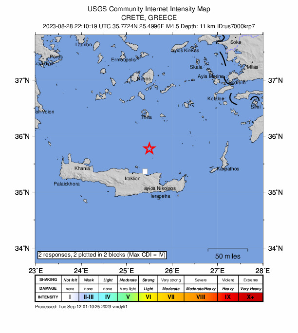USGS DYFI community-reported intensity map for the M4.5 earthquake near 50 km N of Limín Khersonísou, Greece