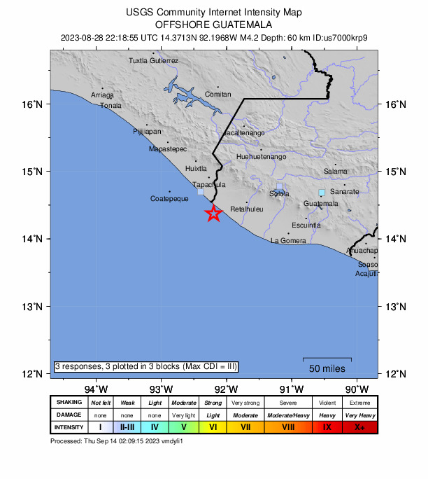 USGS DYFI community-reported intensity map for the M4.2 earthquake near 15 km S of Ocós, Guatemala