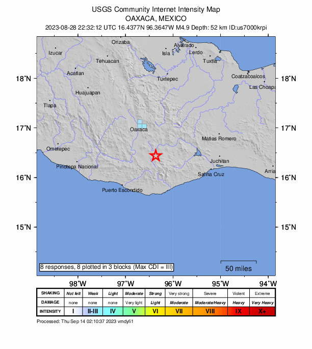 USGS DYFI community-reported intensity map for the M4.9 earthquake near 7 km NNW of San José Lachiguirí, Mexico