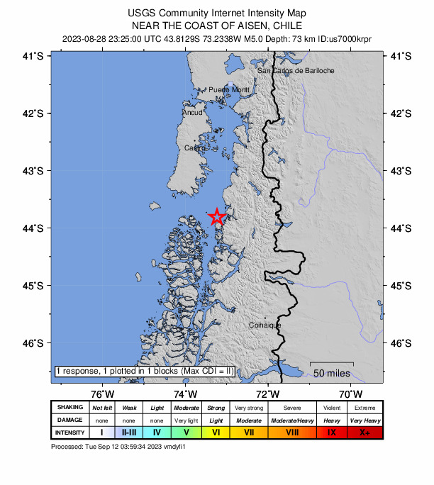 USGS DYFI community-reported intensity map for the M5.0 earthquake near 68 km WNW of La Junta, Chile
