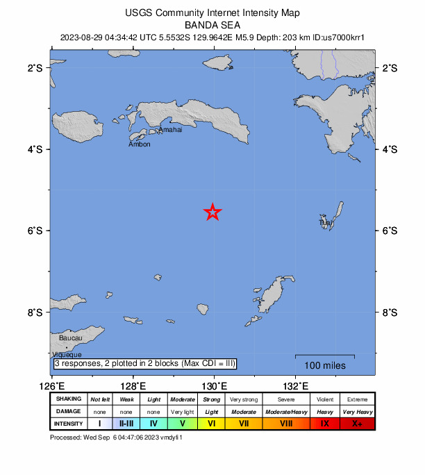 USGS DYFI community-reported intensity map for the M5.9 earthquake near 270 km SSE of Amahai, Indonesia