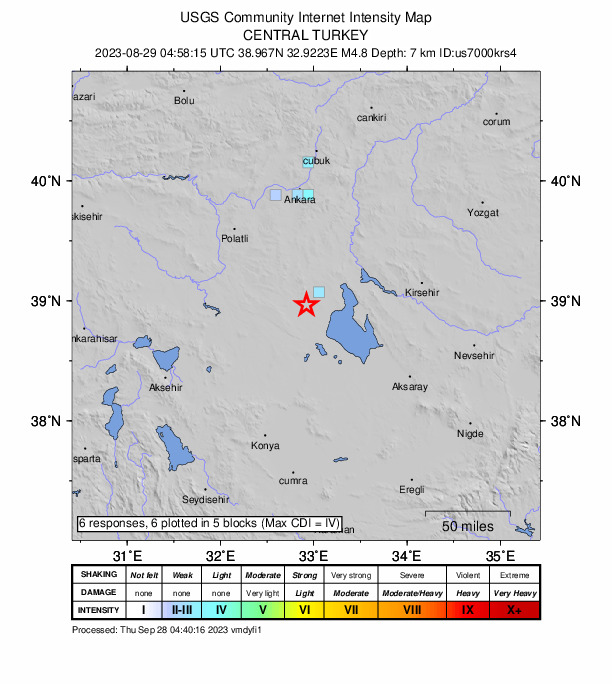 USGS DYFI community-reported intensity map for the M4.8 earthquake near 19 km SW of Kulu, Turkey