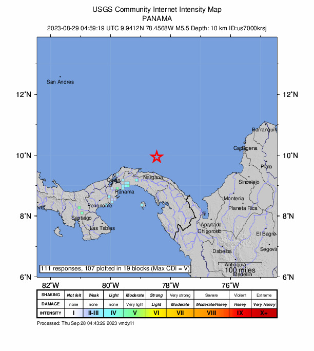 USGS DYFI community-reported intensity map for the M5.5 earthquake near 56 km NNE of Narganá, Panama
