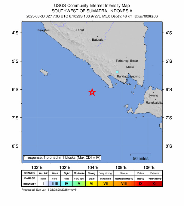 USGS DYFI community-reported intensity map for the M5.0 earthquake near 160 km WSW of Bandar Lampung, Indonesia