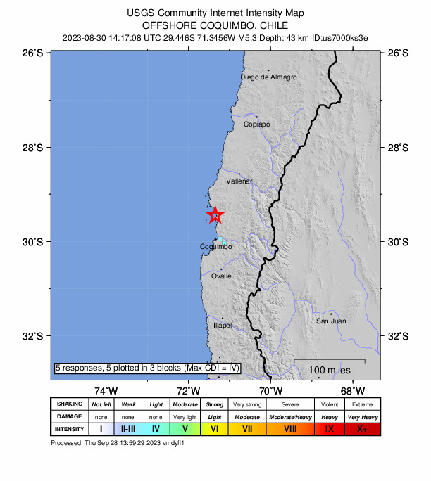 USGS DYFI community-reported intensity map for the M5.3 earthquake near 51 km N of La Serena, Chile