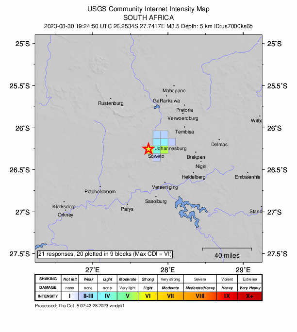USGS DYFI community-reported intensity map for the M3.5 earthquake near 8 km SSE of Randfontein, South Africa