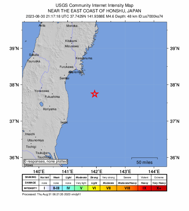 USGS DYFI community-reported intensity map for the M4.3 earthquake near 83 km E of Minami-S?ma, Japan