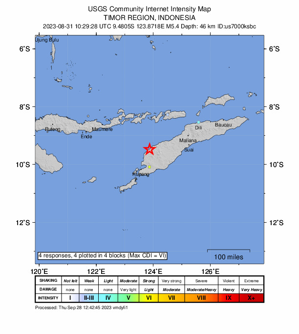 USGS DYFI community-reported intensity map for the M5.4 earthquake near 19 km NE of Naisano Dua, Indonesia