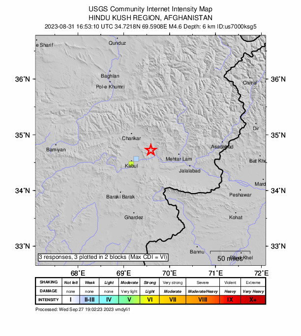 USGS DYFI community-reported intensity map for the M4.6 earthquake near 23 km SSW of Tagāb, Afghanistan