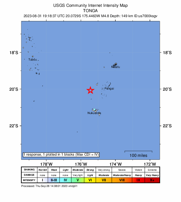 USGS DYFI community-reported intensity map for the M4.8 earthquake near 117 km WSW of Pangai, Tonga