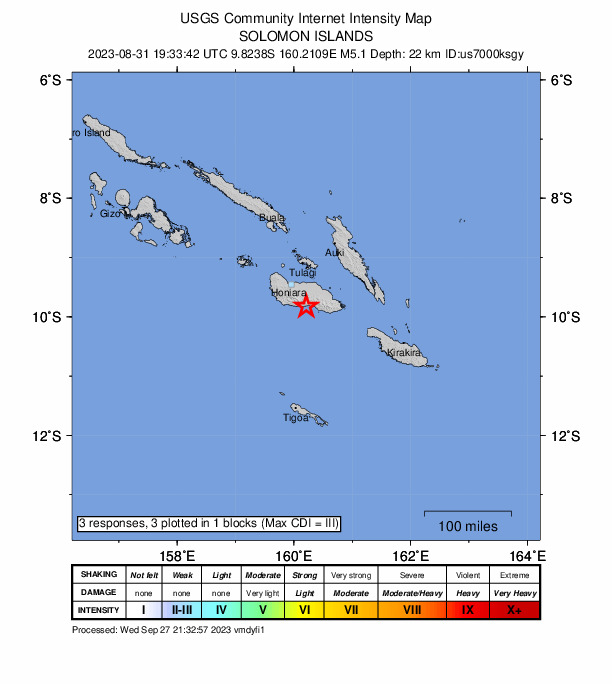 USGS DYFI community-reported intensity map for the M5.1 earthquake near 51 km SSE of Honiara, Solomon Islands