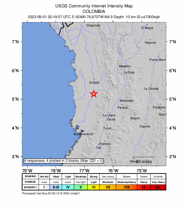 USGS DYFI community-reported intensity map for the M4.9 earthquake near 2 km NNE of Istmina, Colombia