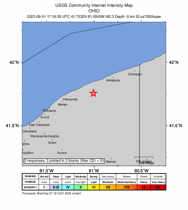 USGS DYFI community-reported intensity map for the M2.3 earthquake near Ohio