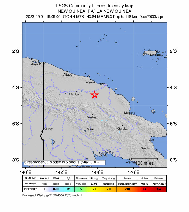 USGS DYFI community-reported intensity map for the M5.3 earthquake near 46 km SSW of Angoram, Papua New Guinea