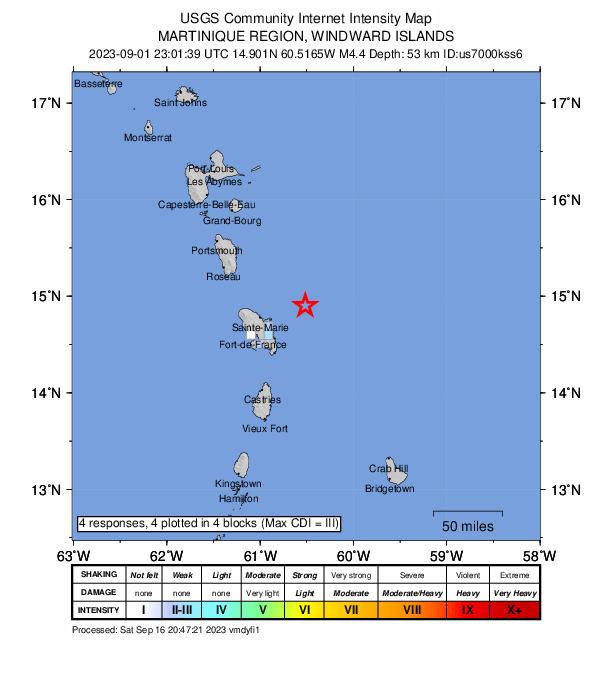 USGS DYFI community-reported intensity map for the M4.4 earthquake near 51 km ENE of La Trinité, Martinique