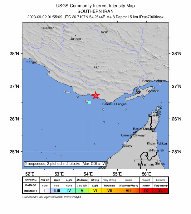 USGS DYFI community-reported intensity map for the M4.8 earthquake near 28 km NE of Kīsh, Iran