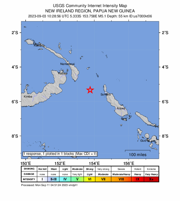 USGS DYFI community-reported intensity map for the M5.1 earthquake near 198 km ESE of Kokopo, Papua New Guinea