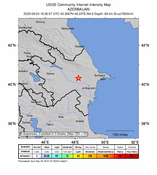 USGS DYFI community-reported intensity map for the M4.9 earthquake near 7 km ESE of Kyurdarmir, Azerbaijan