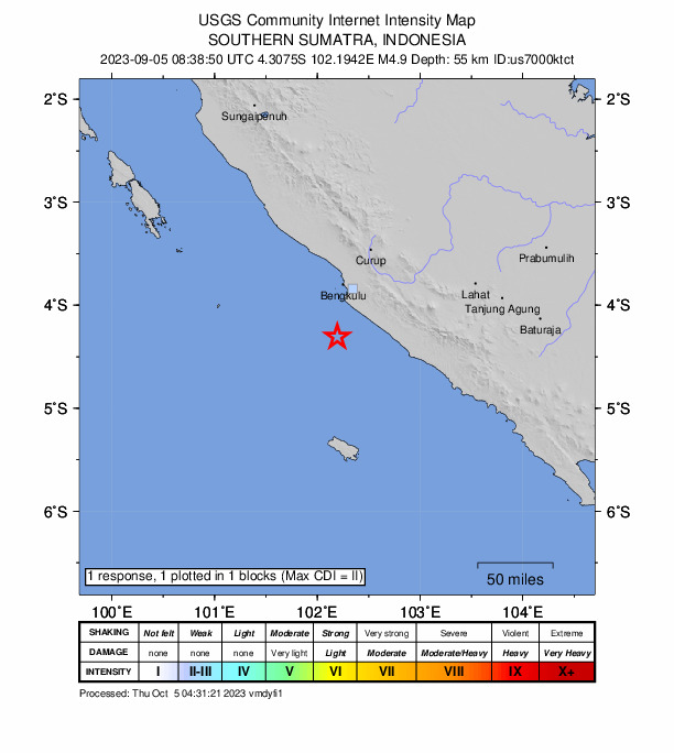 USGS DYFI community-reported intensity map for the M4.9 earthquake near 56 km S of Bengkulu, Indonesia