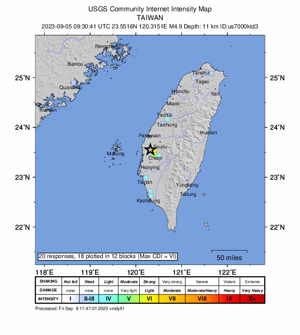 USGS DYFI community-reported intensity map for the M4.9 earthquake near 15 km WNW of Pizitou, Taiwan