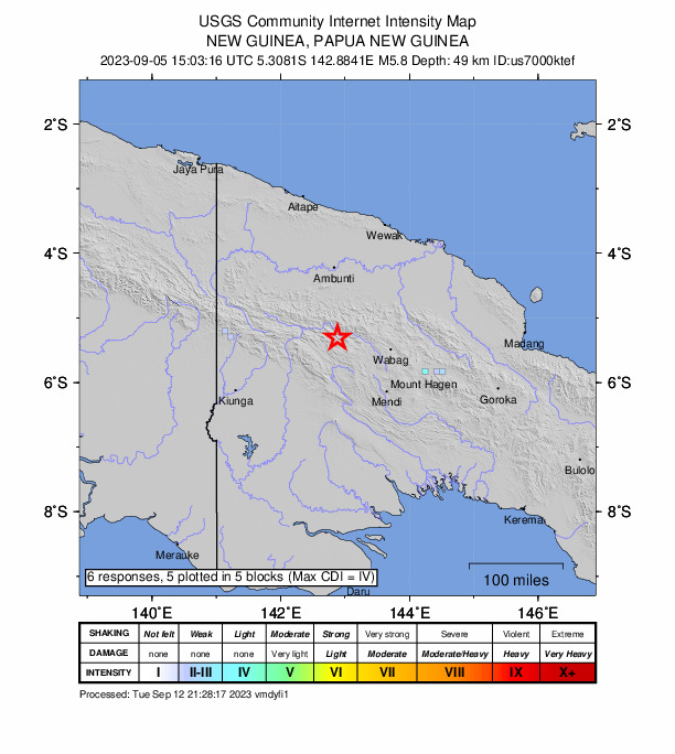 USGS DYFI community-reported intensity map for the M5.8 earthquake near Enga, Papua New Guinea