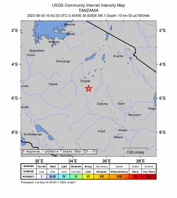 USGS DYFI community-reported intensity map for the M5.1 earthquake near 37 km SSE of Ikungi, Tanzania
