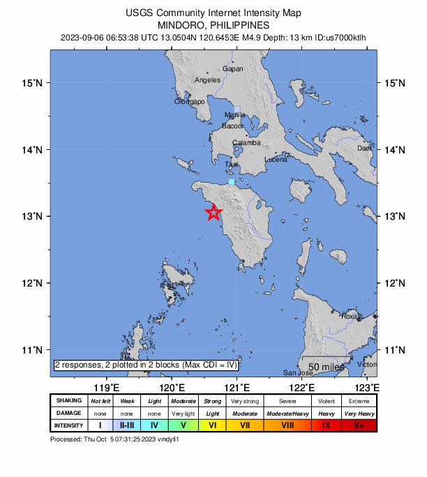 USGS DYFI community-reported intensity map for the M4.9 earthquake near 8 km WSW of Santa Cruz, Philippines
