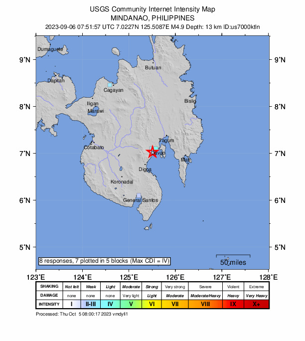 USGS DYFI community-reported intensity map for the M4.9 earthquake near 4 km ESE of Bato, Philippines