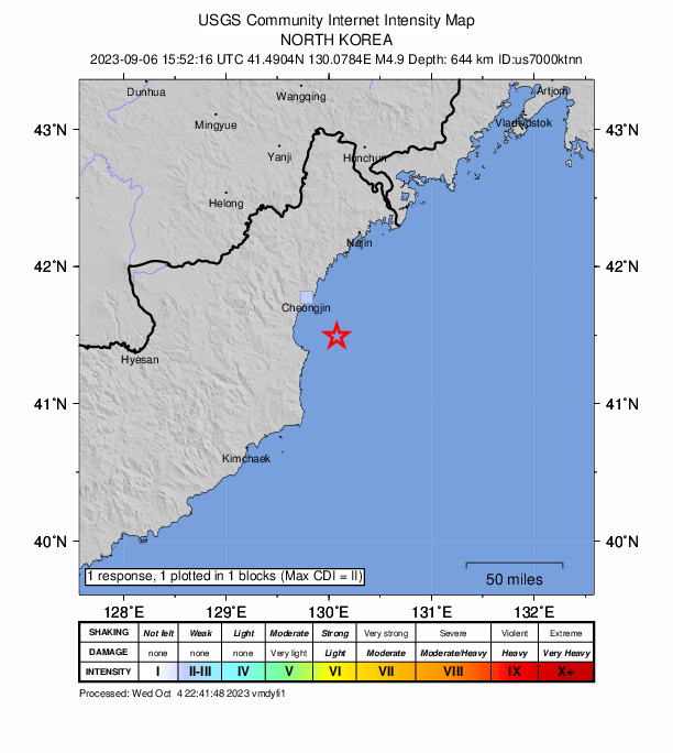 USGS DYFI community-reported intensity map for the M4.9 earthquake near 34 km E of Hoemul-li, North Korea