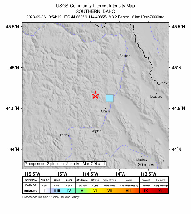 USGS DYFI community-reported intensity map for the M3.2 earthquake near 22 km NW of Challis, Idaho