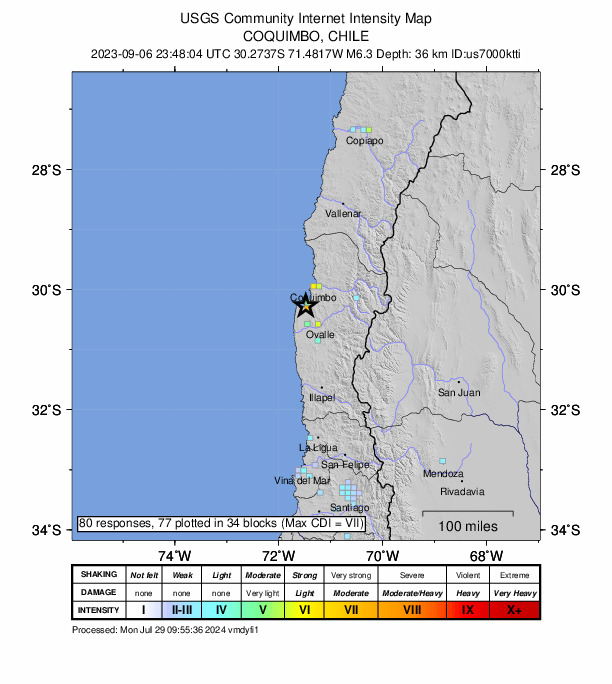 USGS DYFI community-reported intensity map for the M6.3 earthquake near 38 km SSW of Coquimbo, Chile