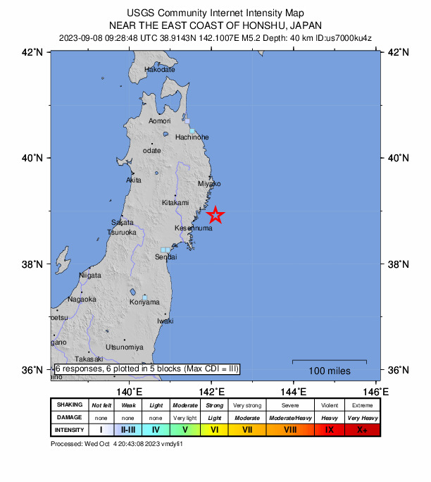 USGS DYFI community-reported intensity map for the M5.2 earthquake near 37 km ESE of Ōfunato, Japan