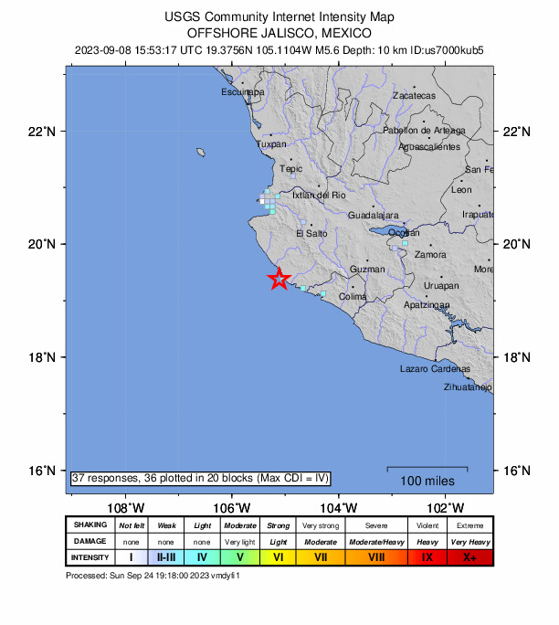 USGS DYFI community-reported intensity map for the M5.6 earthquake near 12 km W of Emiliano Zapata, Mexico