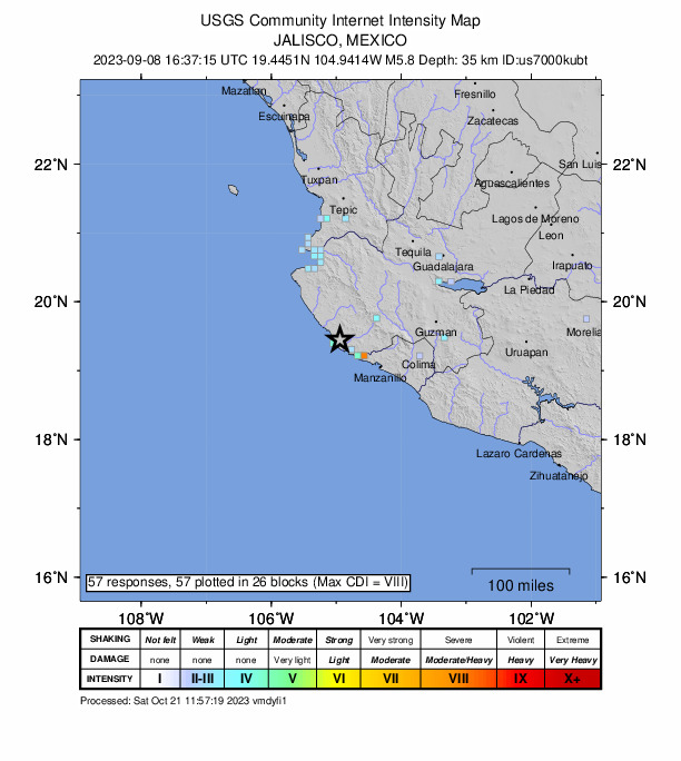 USGS DYFI community-reported intensity map for the M5.8 earthquake near 5 km NNW of Emiliano Zapata, Mexico