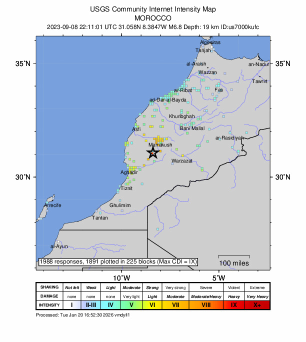 USGS DYFI community-reported intensity map for the M6.8 earthquake near Al Haouz, Morocco
