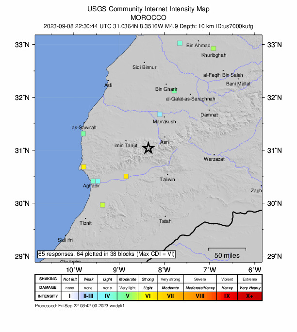 USGS DYFI community-reported intensity map for the M4.9 earthquake near 50 km WSW of Oukaïmedene, Morocco