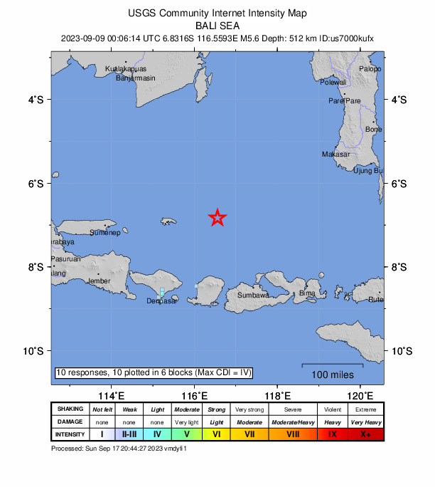 USGS DYFI community-reported intensity map for the M5.6 earthquake near 176 km NNE of Gili Air, Indonesia