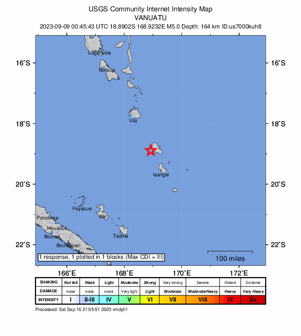 USGS DYFI community-reported intensity map for the M5.0 earthquake near 81 km NNW of Isangel, Vanuatu