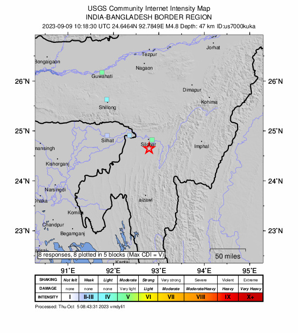 USGS DYFI community-reported intensity map for the M4.8 earthquake near 19 km ENE of Lāla, India